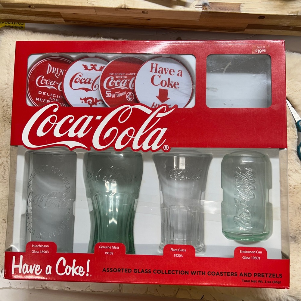 Coca-Cola Assorted Glass Collection 4pk with Coasters C472 Vintage Style Set